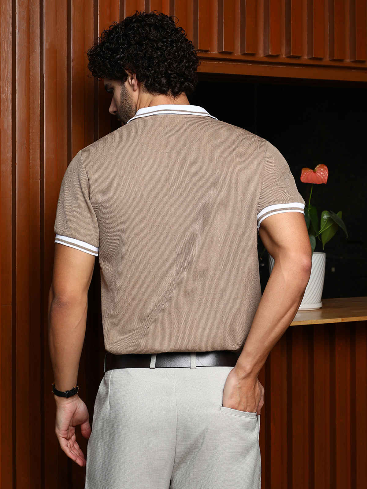 Campus Sutra Men's Cuboid-Stripe Polo T-Shirt | Sand Beige - L