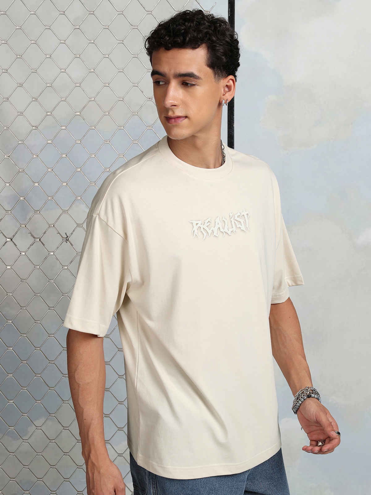 Highlander Men's Puff Printed Cream Round Neck Half Sleeve Oversized T Shirt |Cream |L