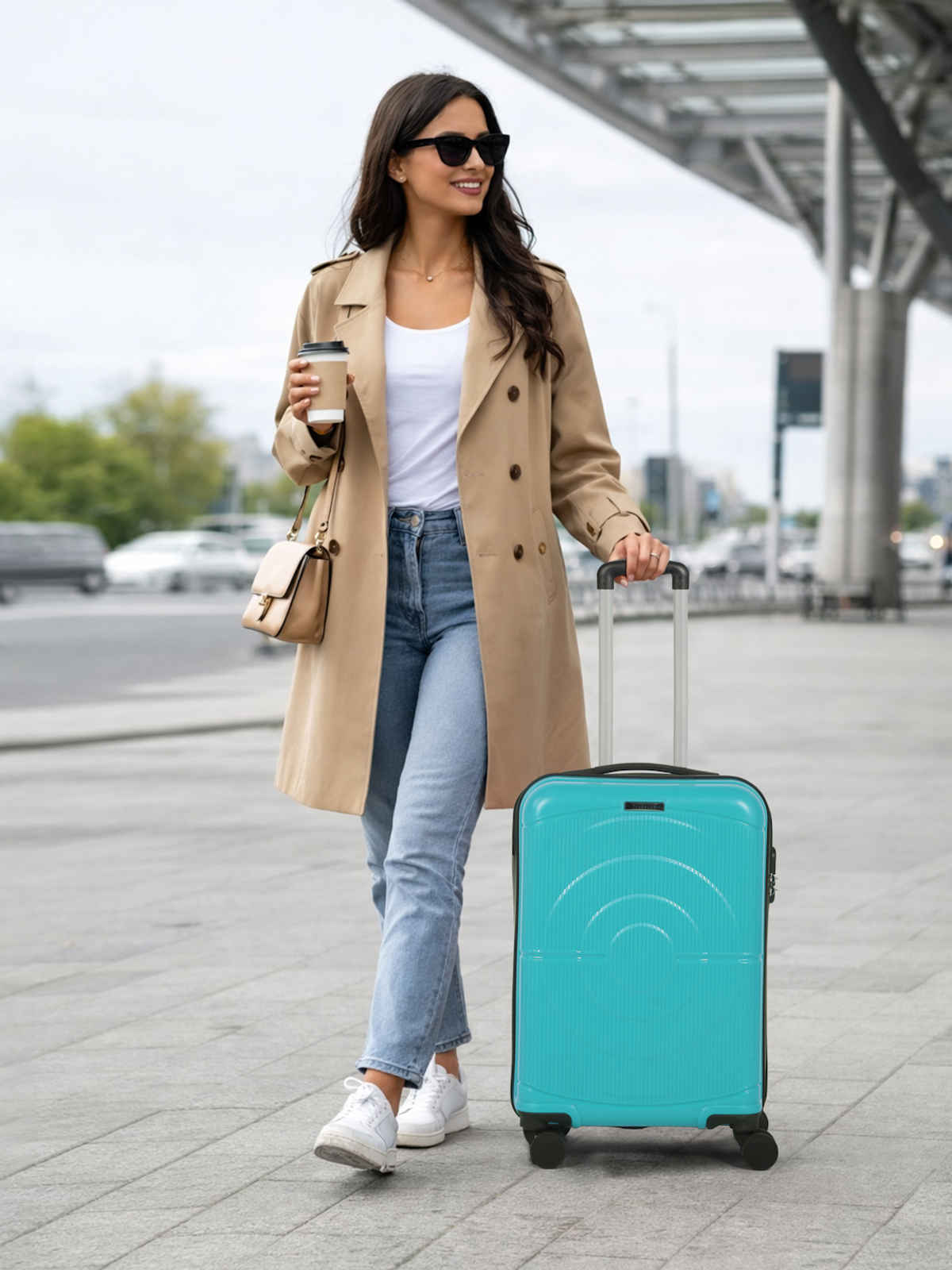 Teakwood Textured PP 32.2 L Retractable Hard Luggage | Astra Cyan - 55 cm