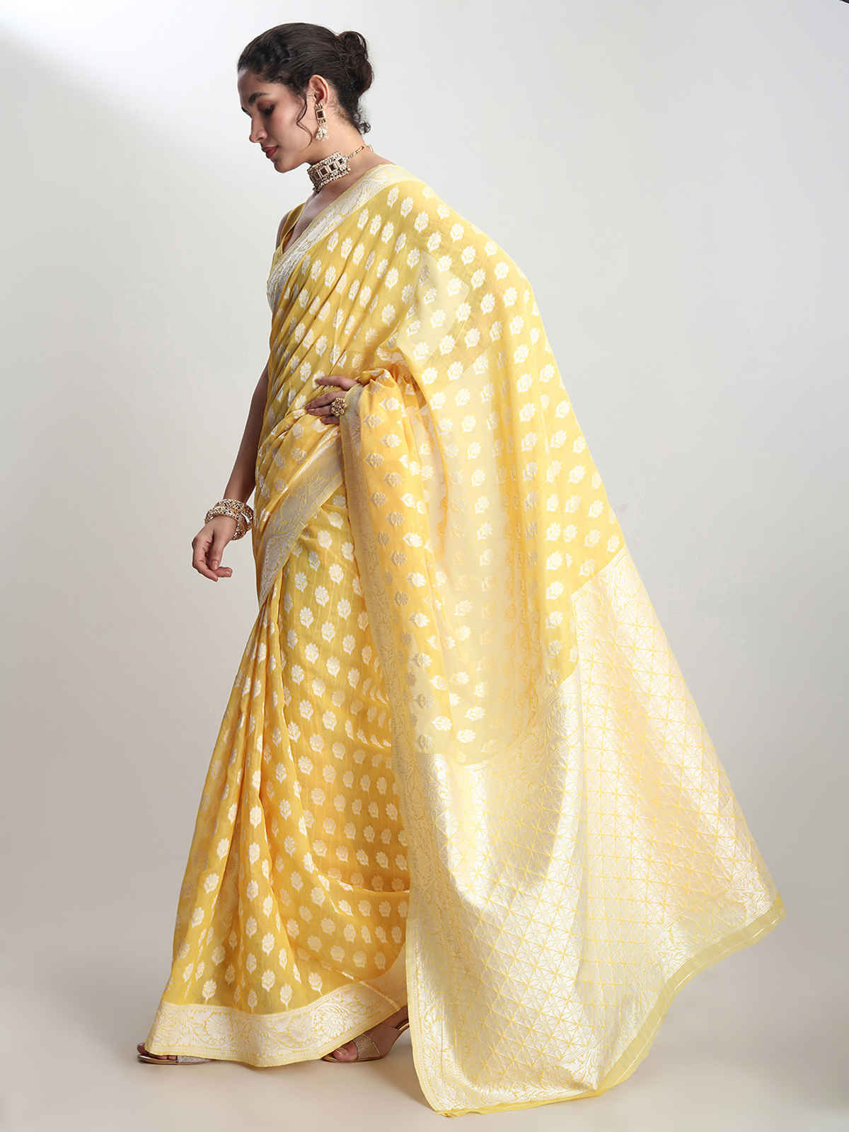 Janasya Women's Silk Blend Floral Woven Design Jacquard Saree with Blouse Piece | SAR632 | Yellow