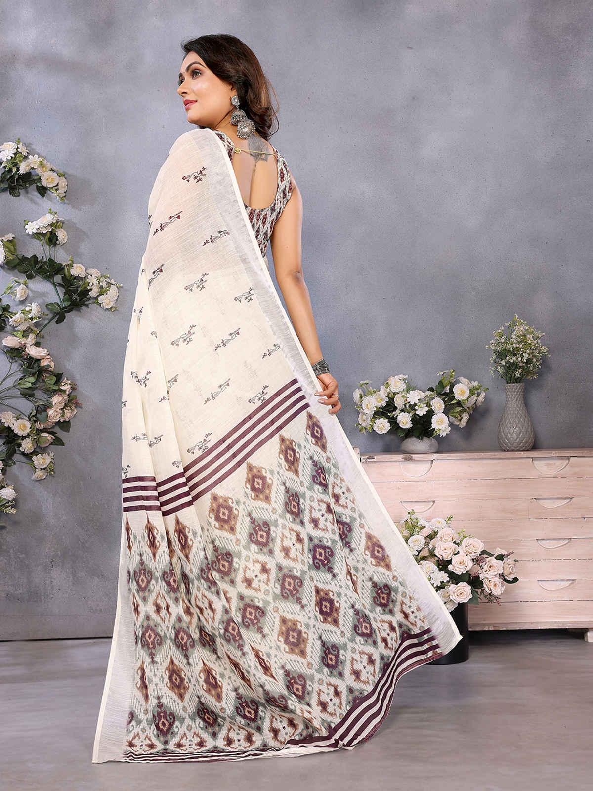Hema Silk Mills Woman Digital Print Bollywood Linen Saree Ready to Wear saree with pocket | Cream