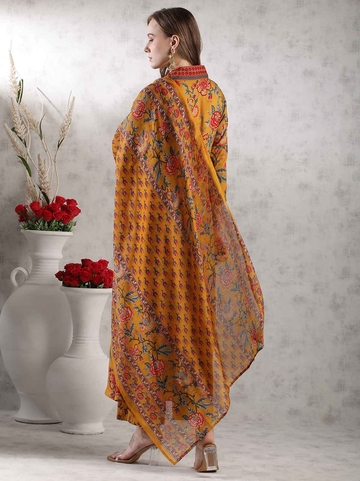 GoSriKi Women's Rayon Blend Anarkali Printed Kurta with Palazzo & Dupatta | CIA | Yellow - S