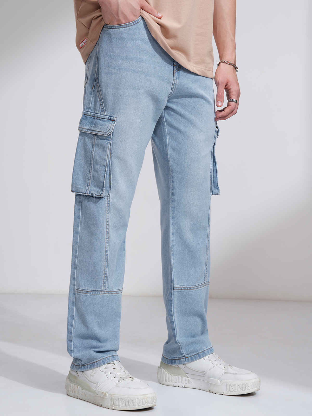 Highlander Men's Blue High Rise Straight Fit Cargo Jeans | Blue - 30