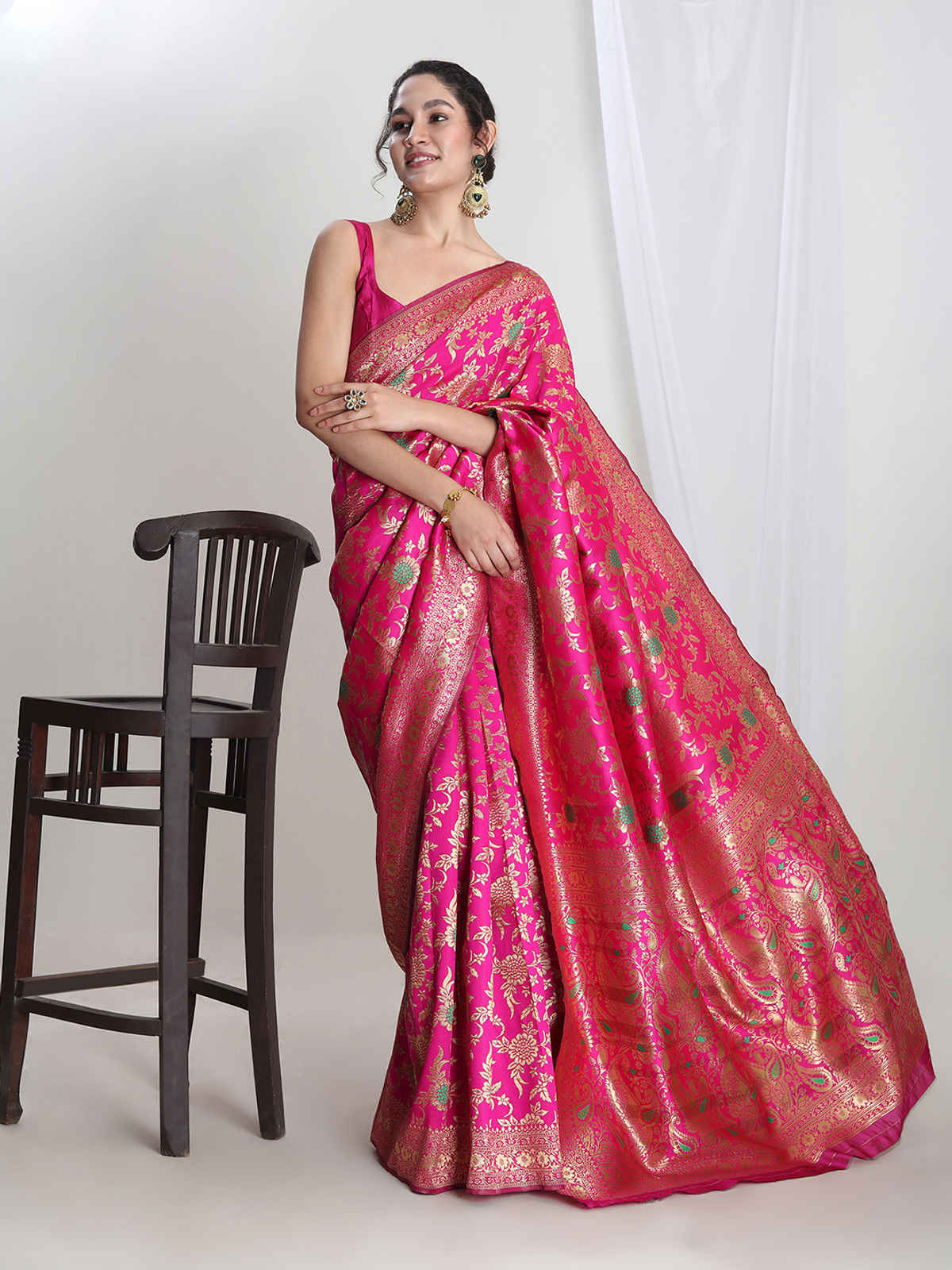 Janasya Women's Silk Blend Floral Woven Design Jacquard Saree with Blouse Piece | SAR566 | Pink