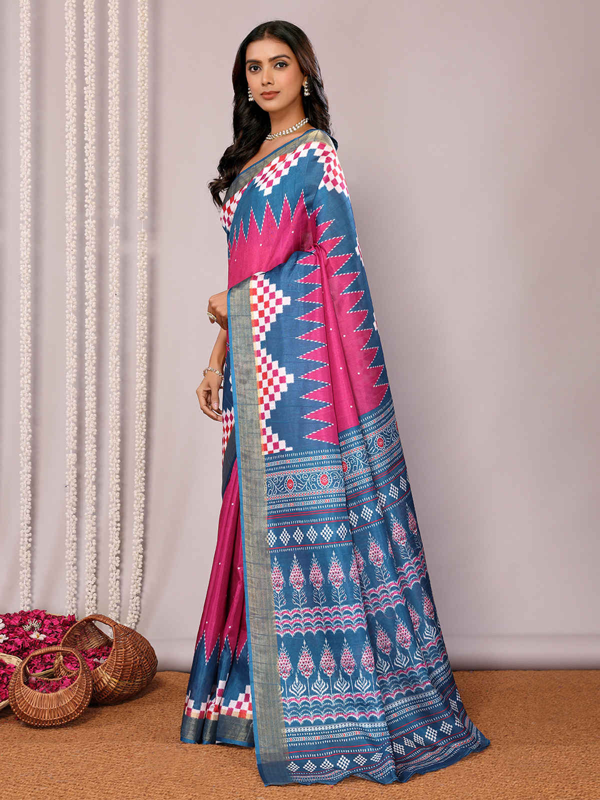 Janasya Women's Chanderi Silk Geometric Printed Saree with Blouse Piece | SAR481 | Pink and Blue