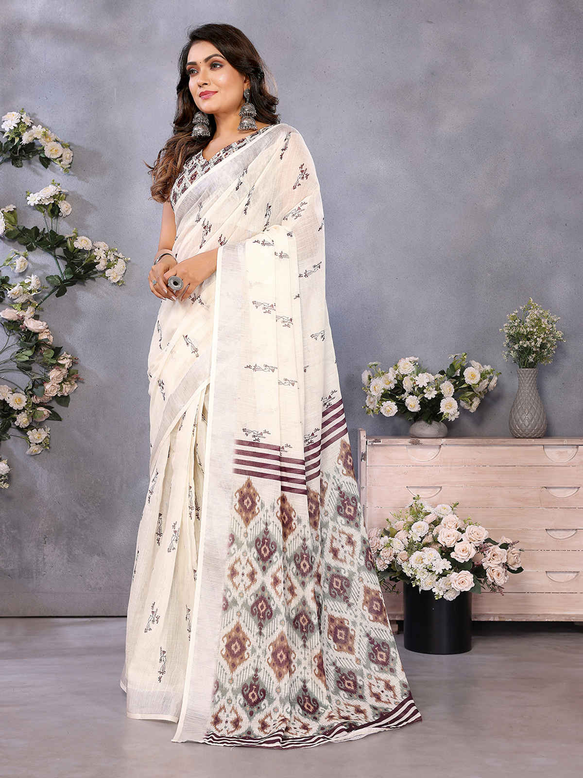 Hema Silk Mills Woman Digital Print Bollywood Linen Saree Ready to Wear saree with pocket | Cream