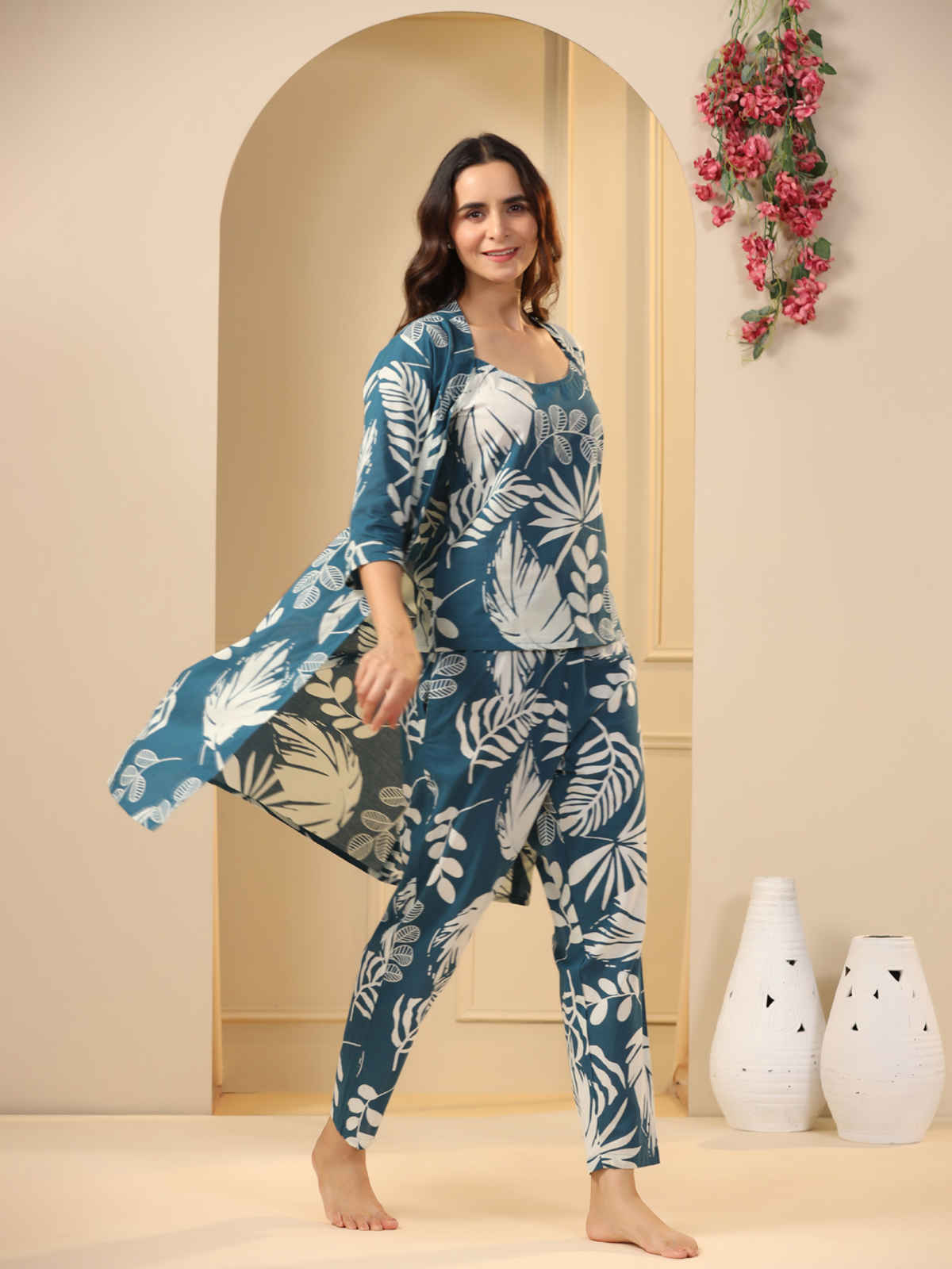 Sanskrutihomes Teal 3 Pieces Floral Printed Pure Cotton Night Suit | Teal - S