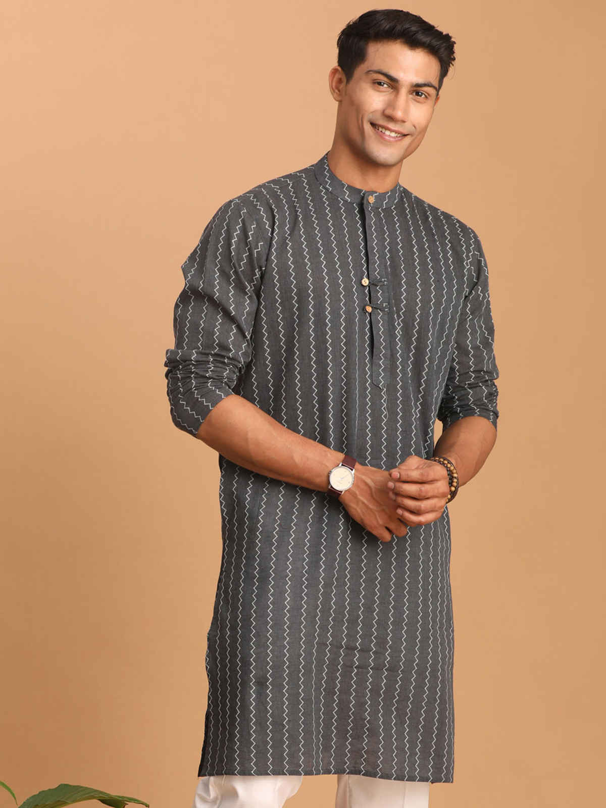 Vastramay Men's Traditional Cotton Kurta | Grey | L