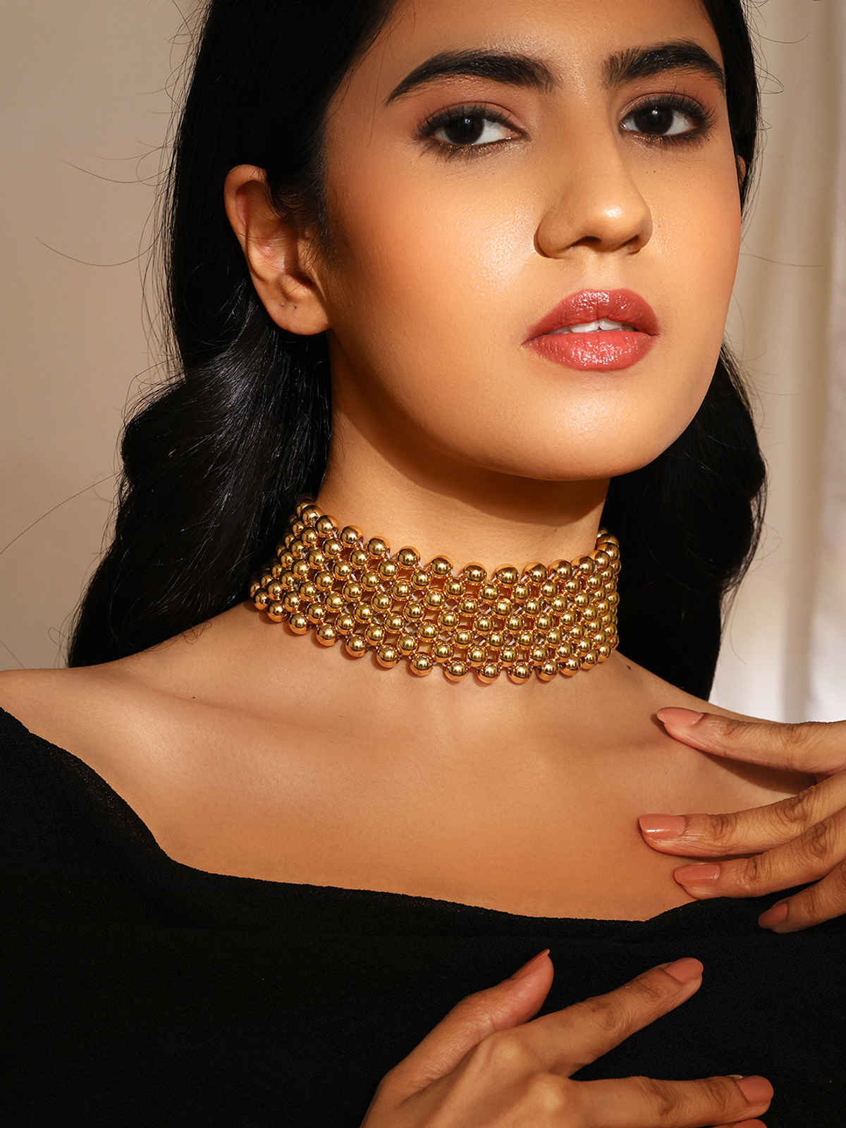 Priyaasi Gold Beaded Sequenced Gold Plated Choker Necklace
