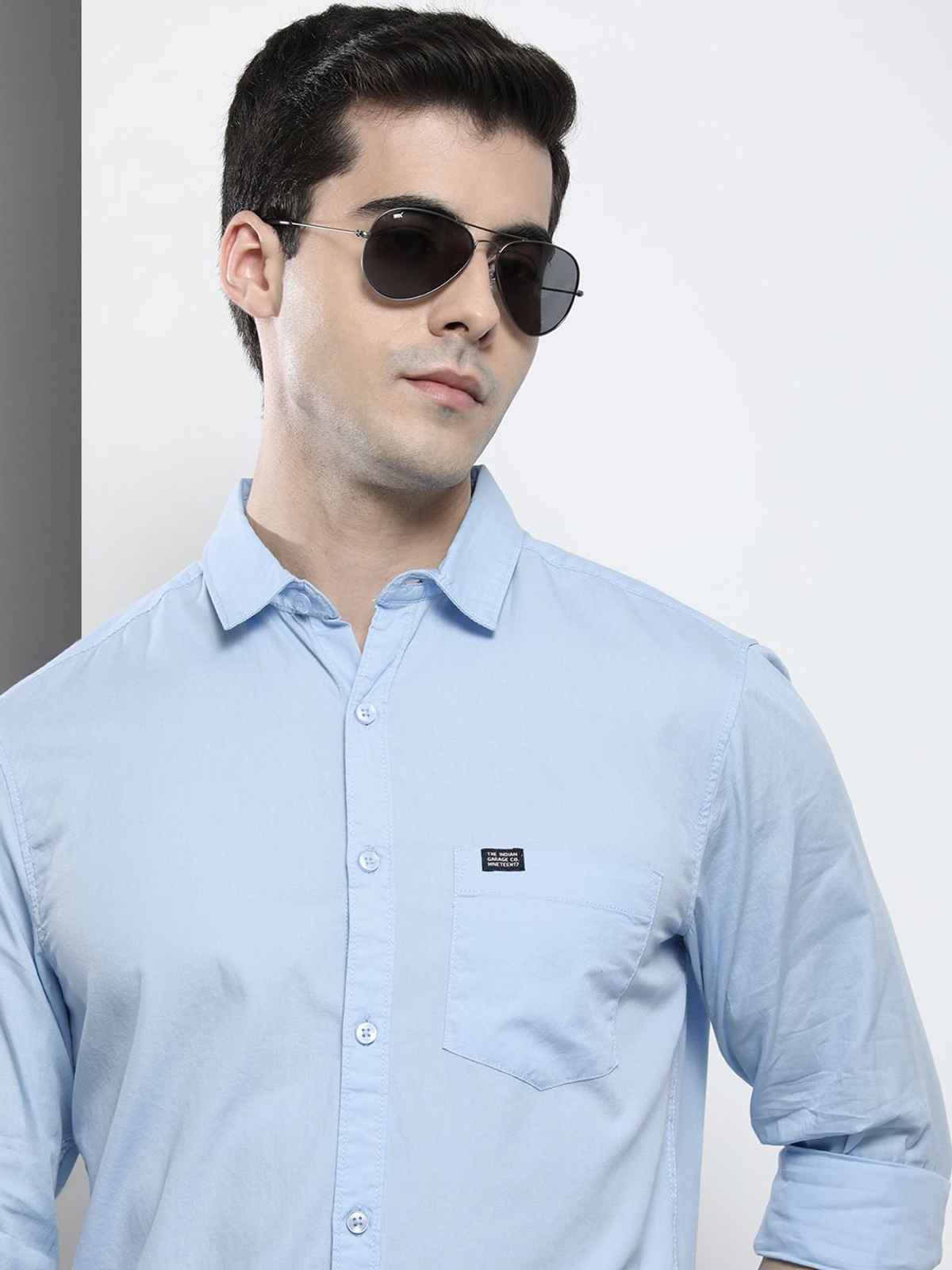 The Indian Garage Co Men's Slim Fit Solid Casual Shirt | Blue - M