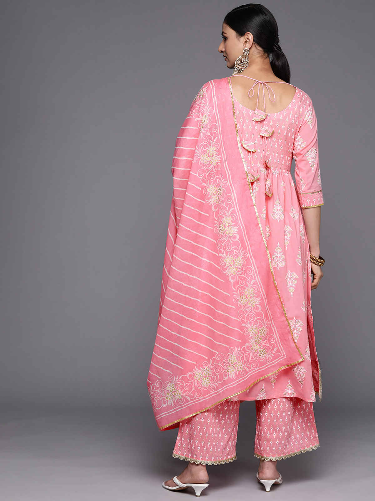 Libas Yoke Design Cotton Anarkali Kurta With Palazzos & Dupatta | 34251R | Pink - M