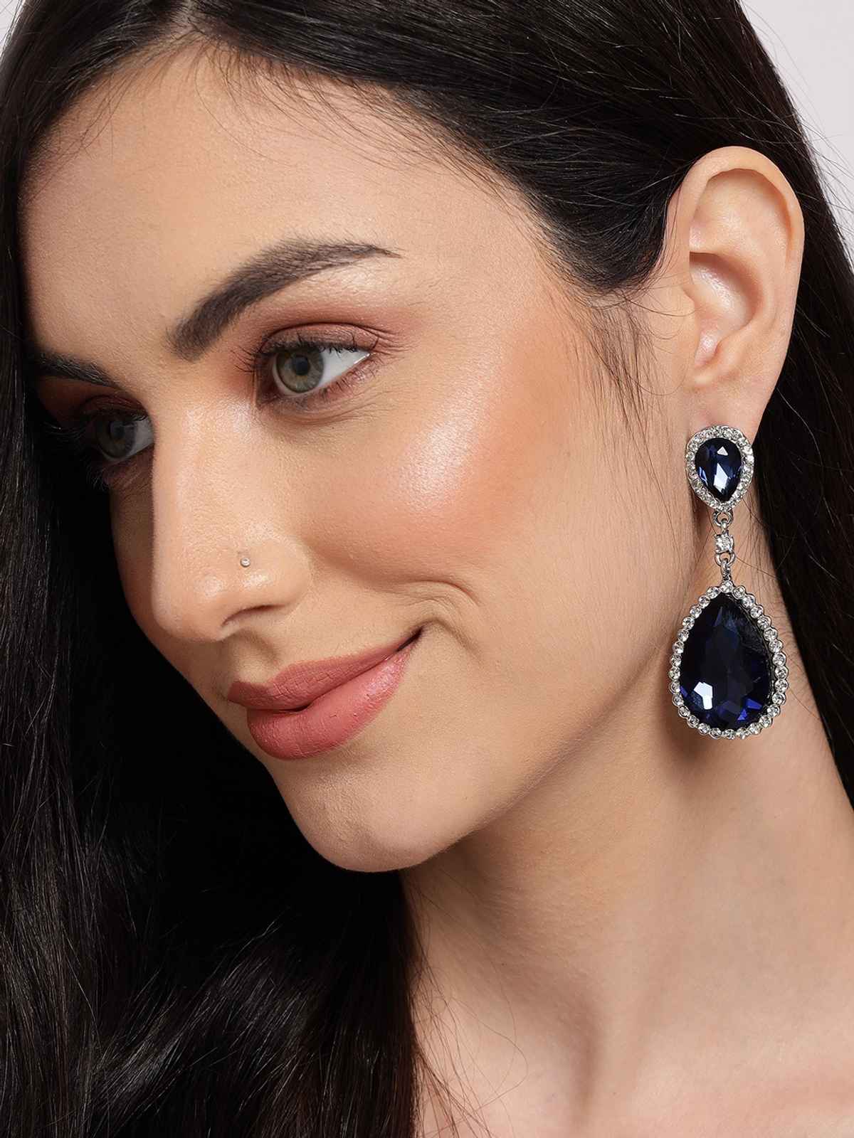 Sohi Navy Blue Silver Toned Teardrop Shaped Drop Earrings For Women's
