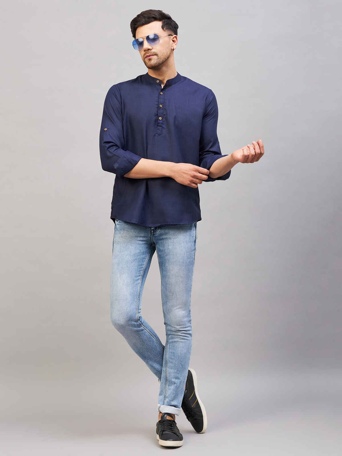 Vastramay Men's Cotton Blend Short Kurta | Blue - S