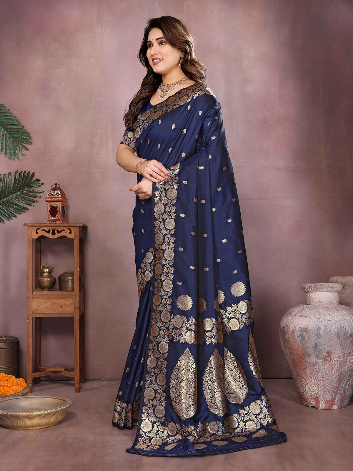 Hema Silk Mills Women Woven Two-Tone Banarasi Silk Blend Saree | Navy Blue