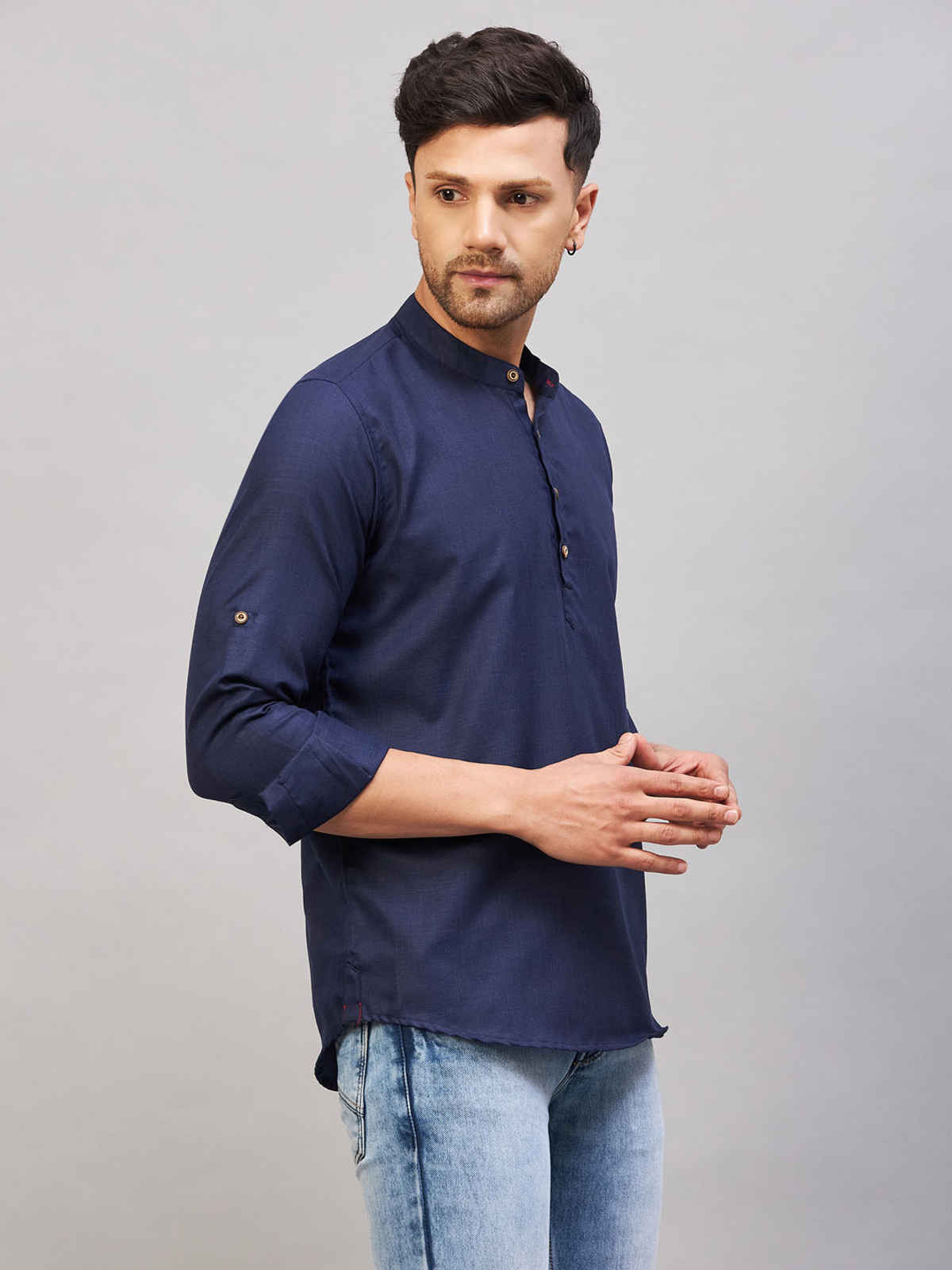 Vastramay Men's Cotton Blend Short Kurta | Blue - S