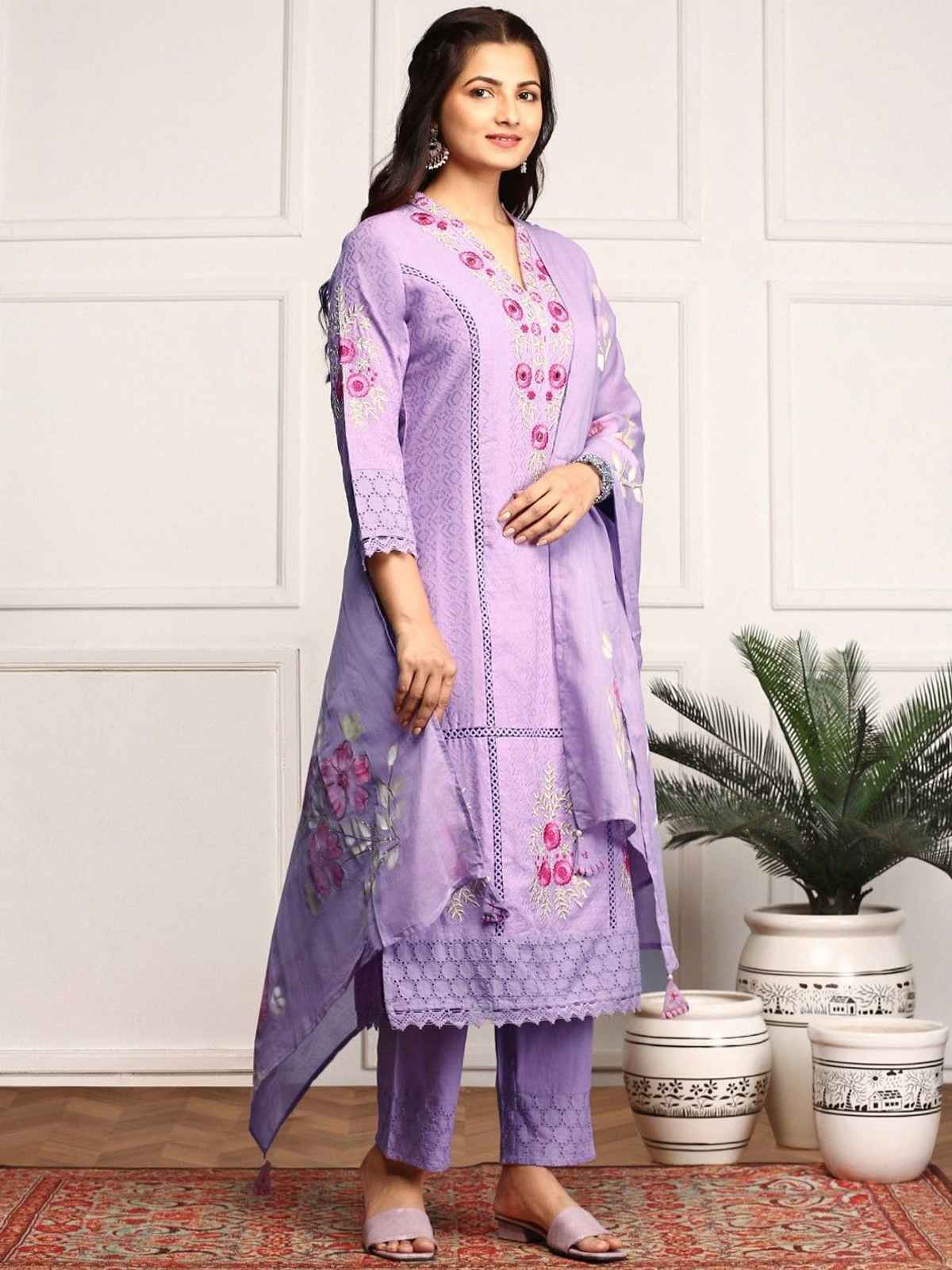Ishin Women's Cotton Kurta Set with Dupatta | Purple - L