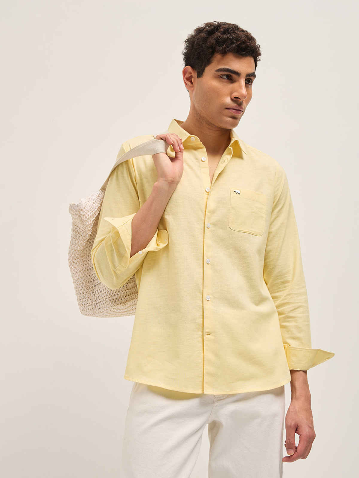 The Bear House Yellow Cotton Linen Slim Fit Solid Casual Shirt |M
