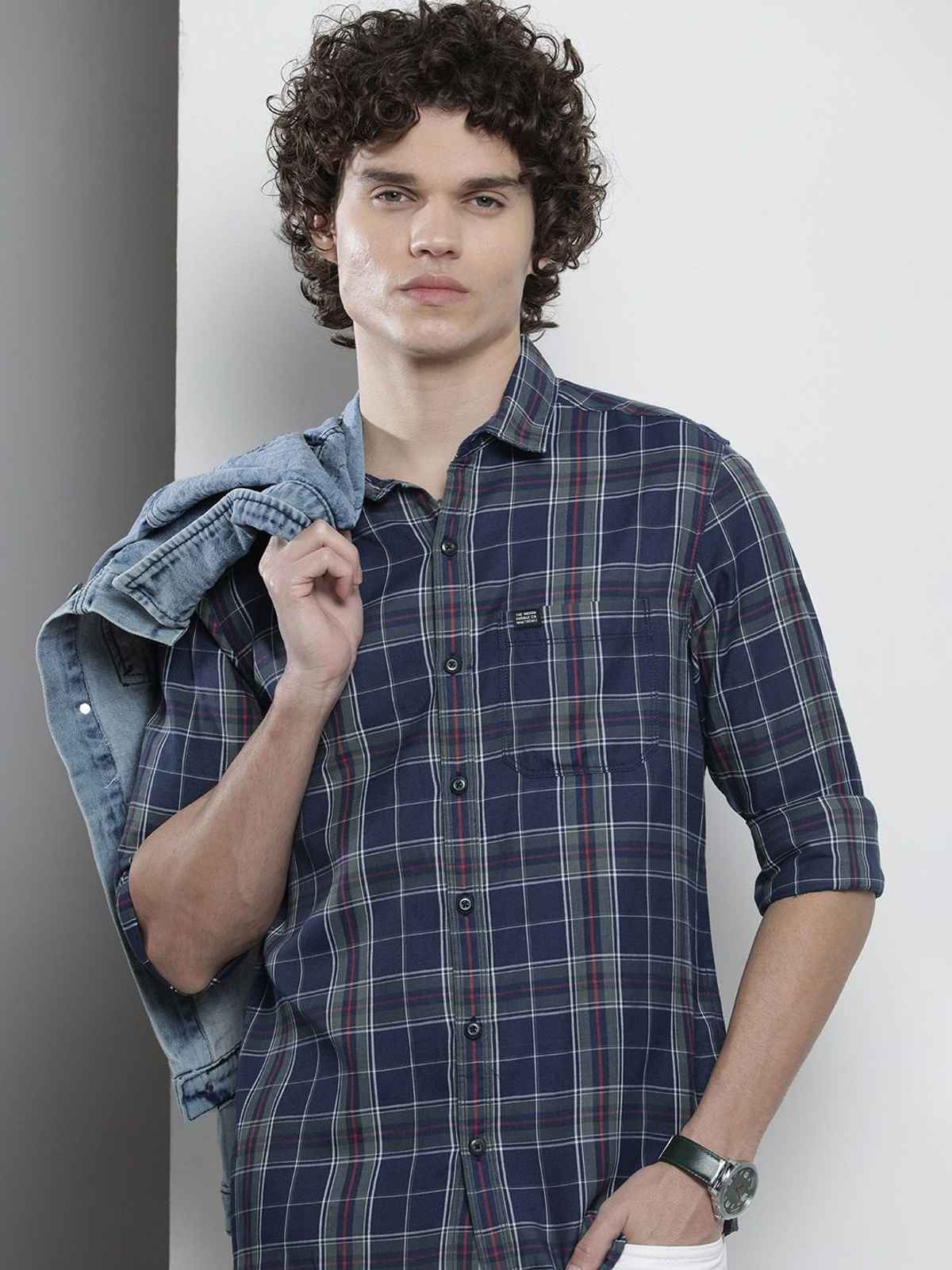 The Indian Garage Co Men's Regular Fit Checkered Casual Shirt | Navy - 2XL