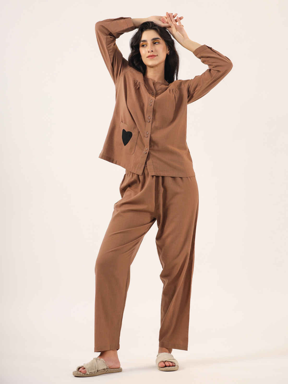 Sanskrutihomes Mandarin Collar Pure Cotton Night Suit | Brown - S