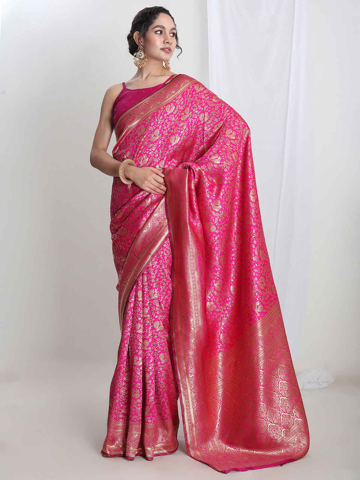 Janasya Women's Silk Blend Floral Woven Design Jacquard Saree with Blouse Piece | SAR654 | Pink