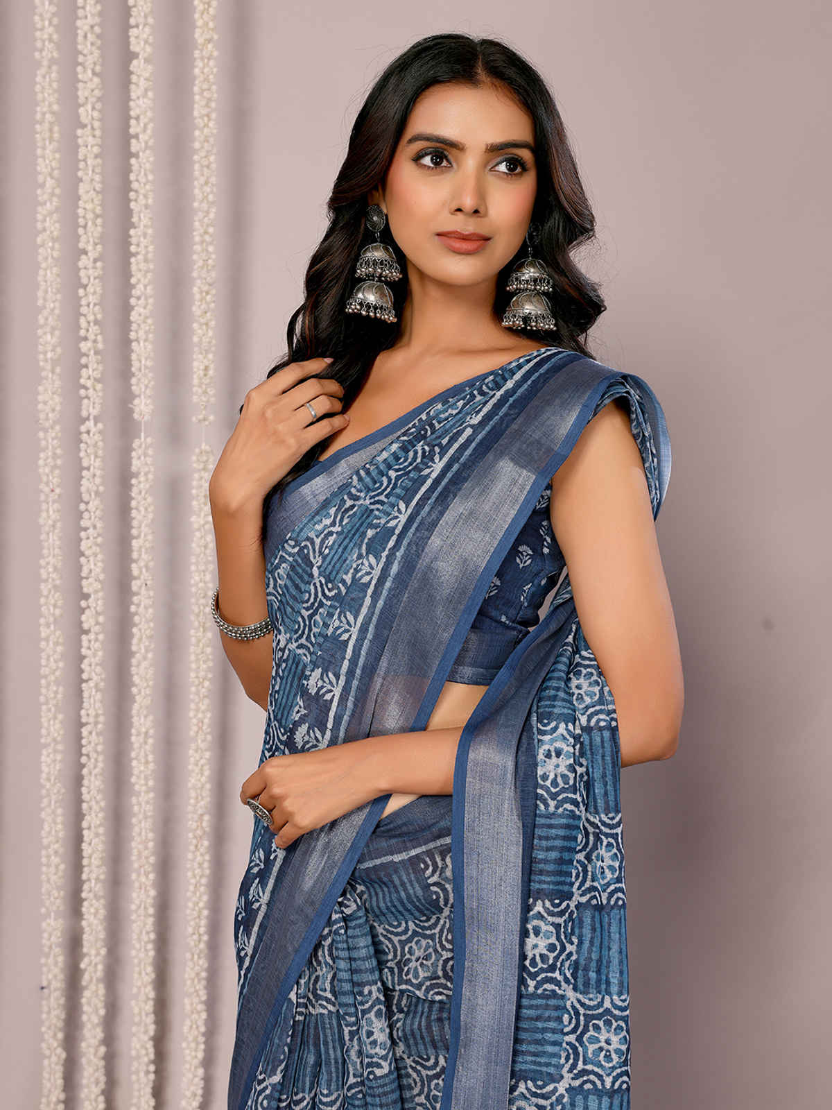 Janasya Women's Cotton Linen Block Print Printed Saree with Blouse Piece | SAR450 | Navy Blue