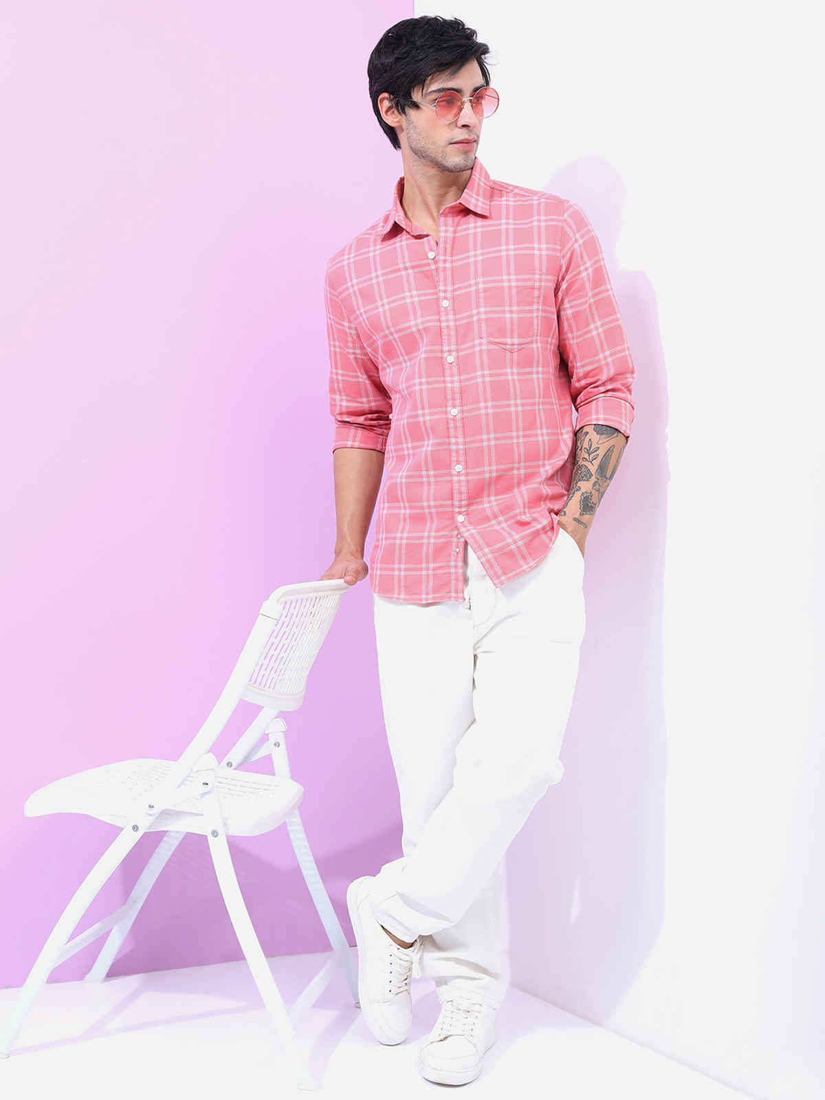 HIGHLANDER Men Checked Slim Fit Casual Shirt | Peach - L