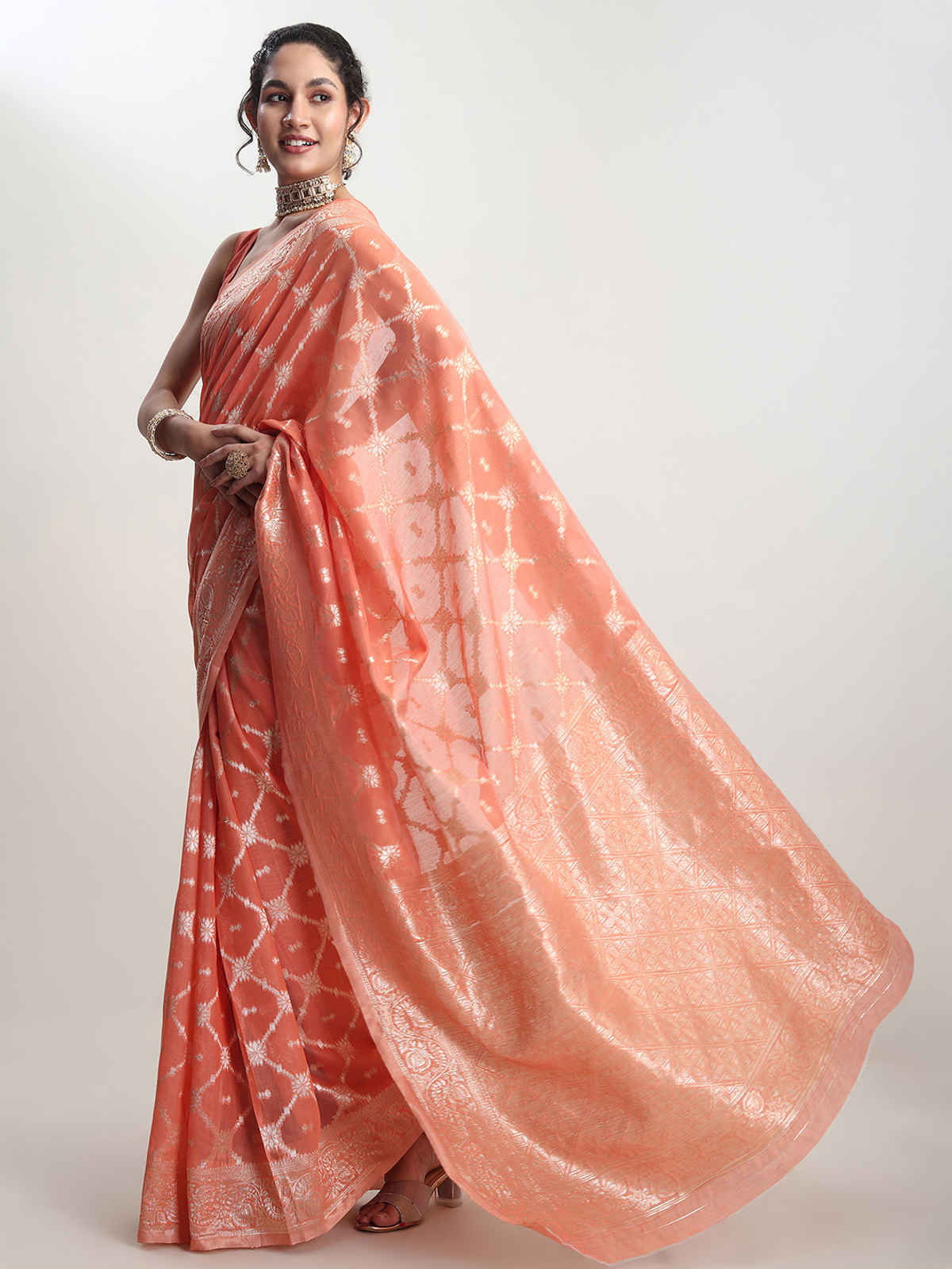 Janasya Women's Silk Blend Geometric Woven Design Jacquard Saree with Blouse Piece | SAR643 | Peach