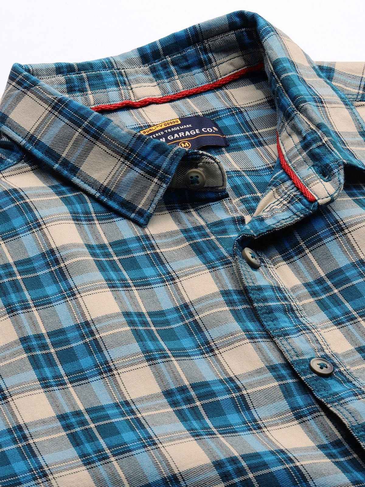 The Indian Garage Co Men's Slim Fit Checkered Casual Shirt | Blue - XL