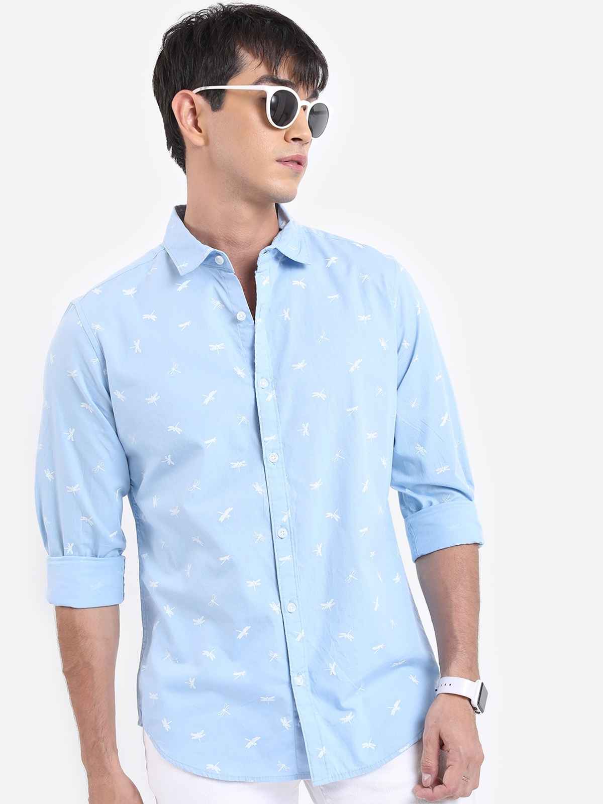 Highlander Men's Conversational Printed Slim Fit Spread Collar Casual Cotton Shirt | Light Blue - S