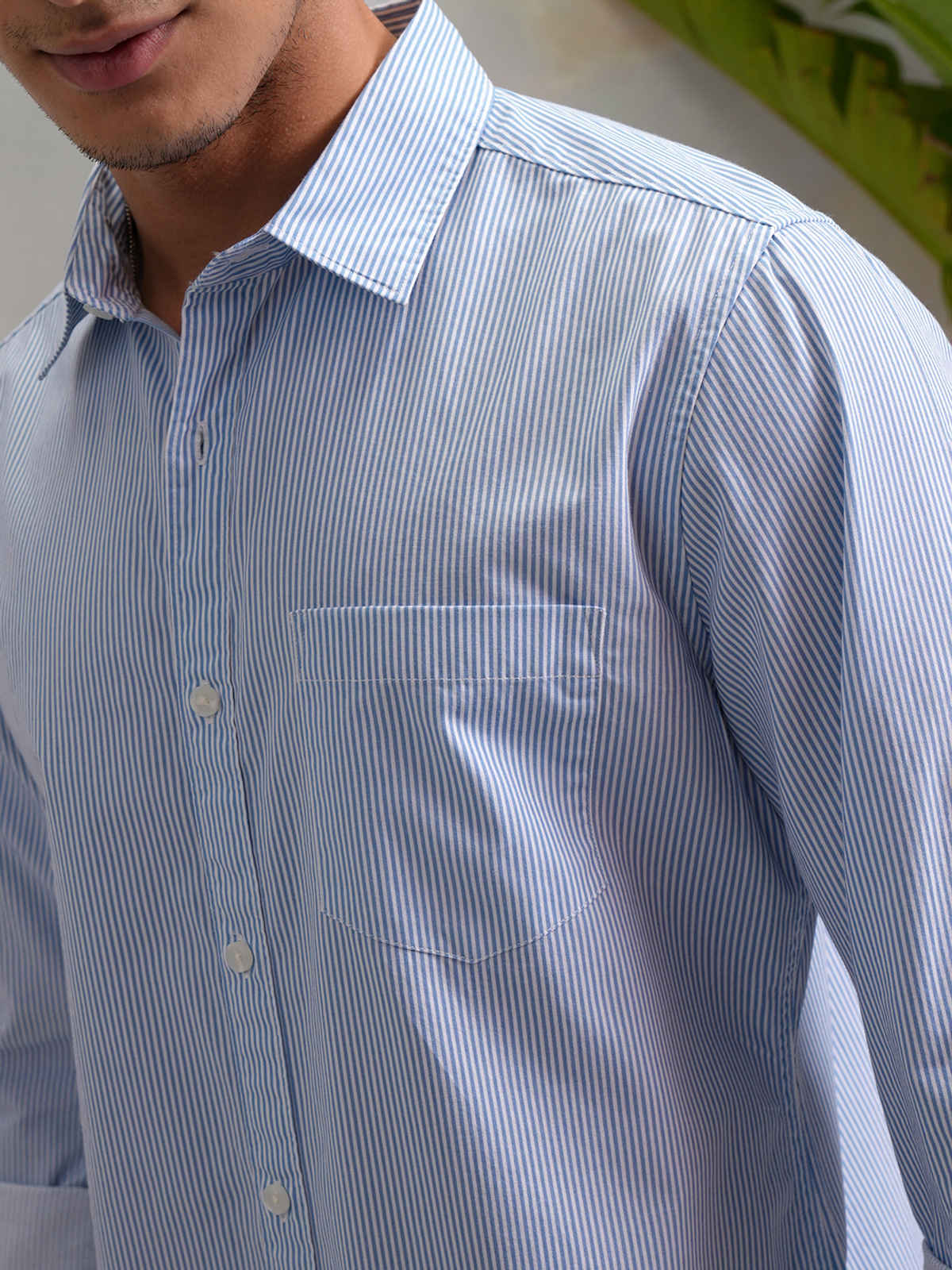 HIGHLANDER Classic Slim Fit Vertical Striped Spread Collar Cotton Casual Shirt | White & Blue | M