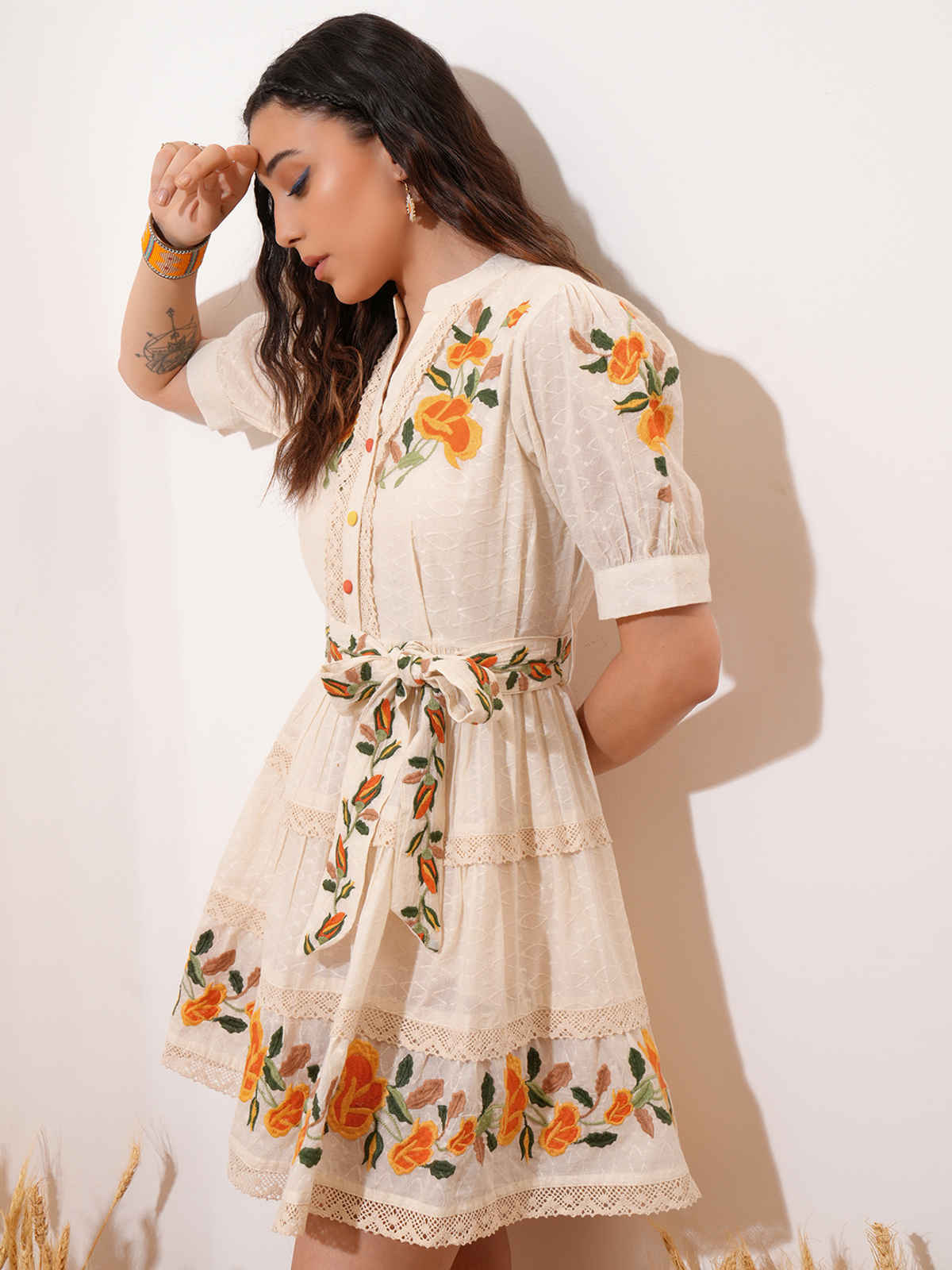 Vishudh Women's Embroidered Short Tiered Dress With Belt | Off White - L
