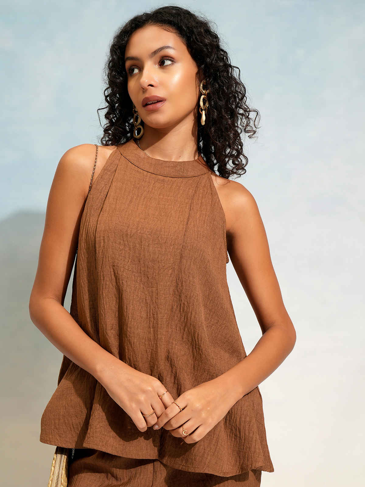 Tokyo Talkies Women's Solid Relaxed Top & Trouser Co-Ord Set | Brown - S