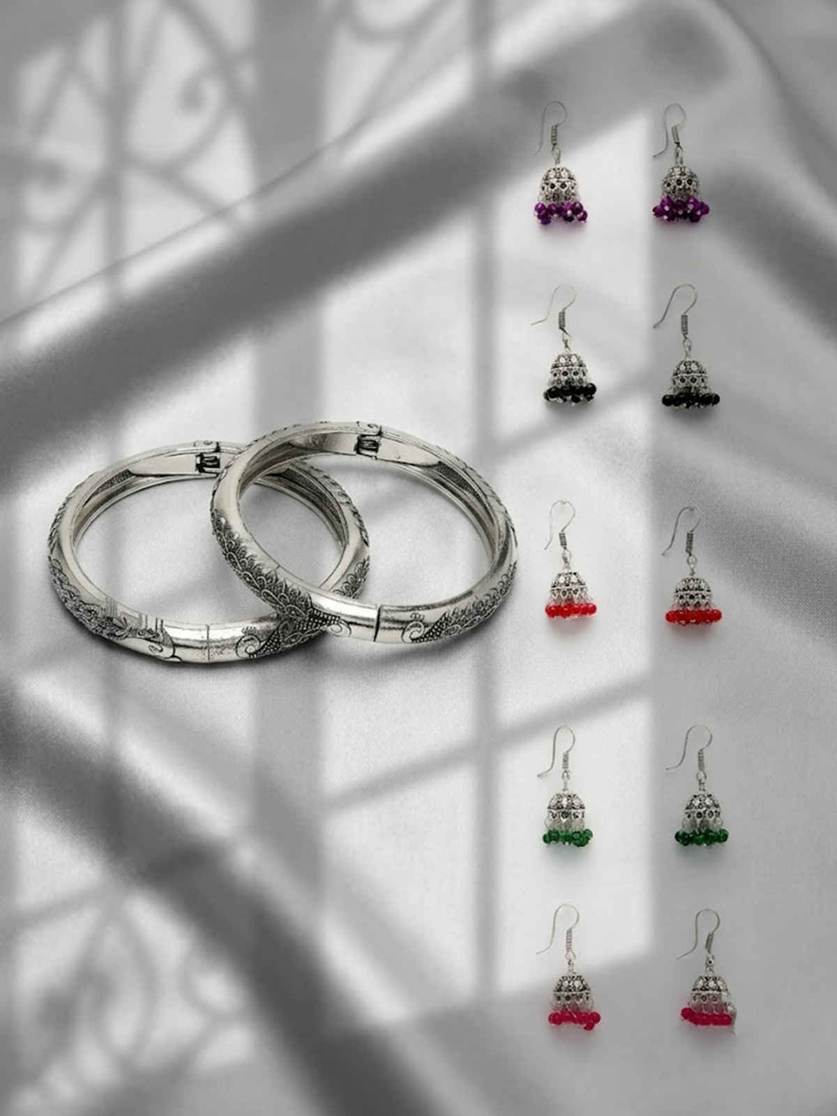 NVR Women Set of 5 Oxidized Silver-Plated Jhumka Earrings & Pair of Peacock Design Oxidised Kada Bangles