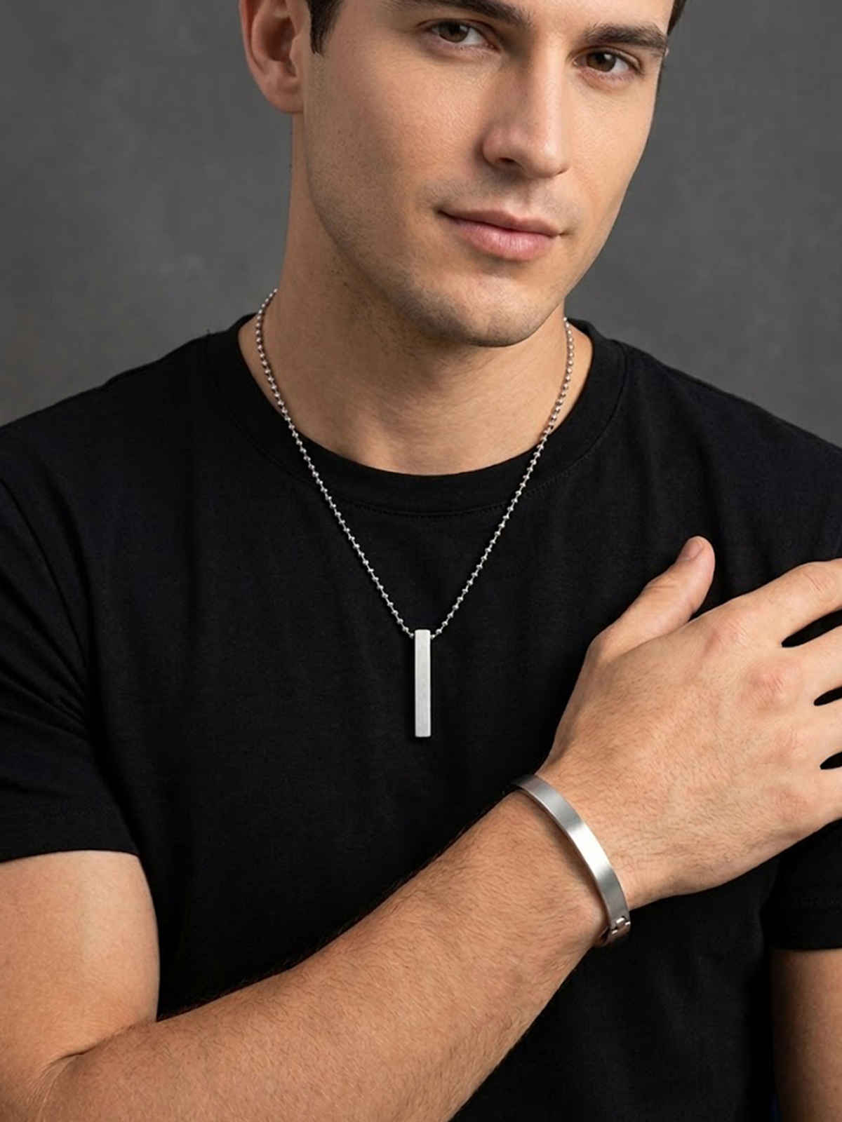 NVR Men's Silver Plated Kada Bracelet And Chain With Pendant Boho Chic Gift Combo