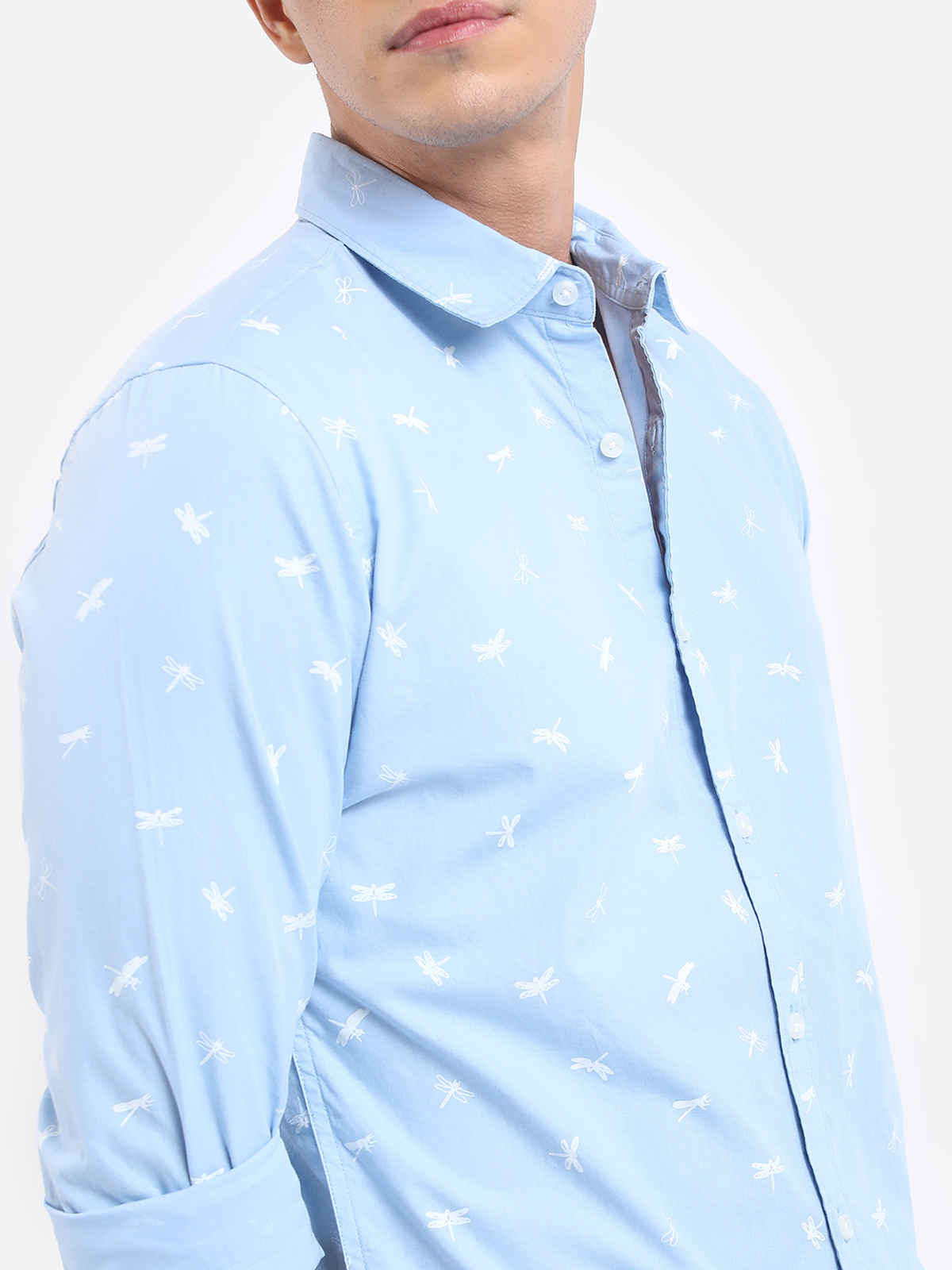 Highlander Men's Conversational Printed Slim Fit Spread Collar Casual Cotton Shirt | Light Blue - S