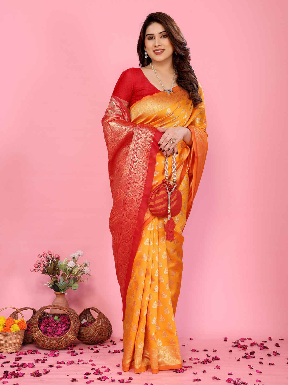 Hema Silk Mills Women Woven Banarasi Silk Blend Saree | Mustard