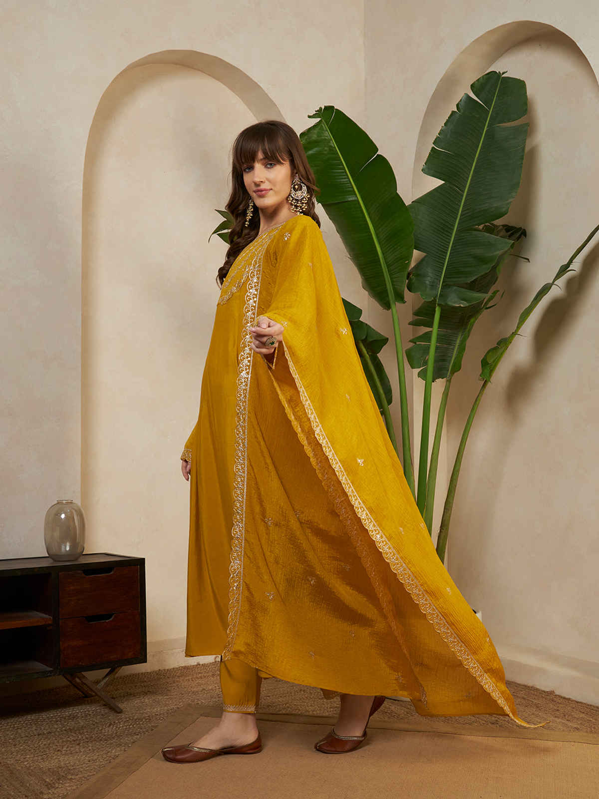 Sheetal Associates Women's Anarkali Kurta with Pants & Dupatta | Kurta 115 | Yellow | S