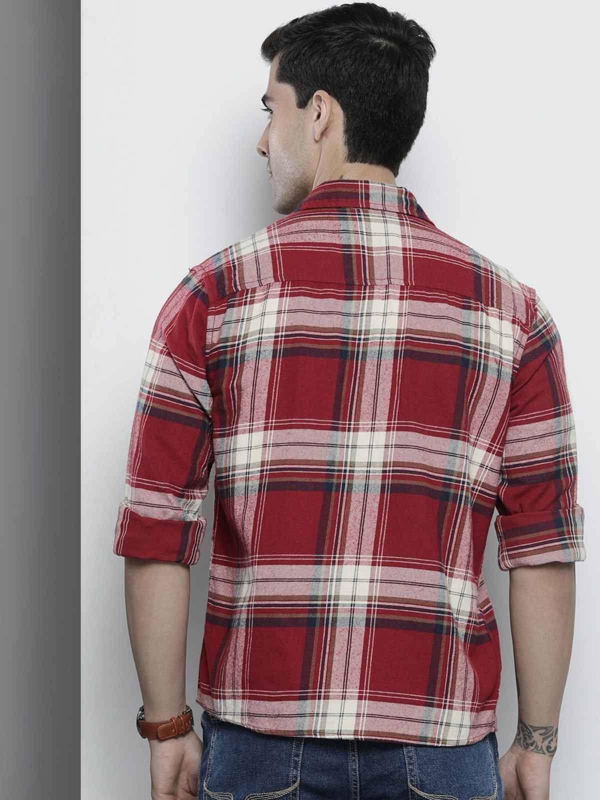 The Indian Garage Co Men's Regular Fit Checkered Casual Shirt | Maroon - L