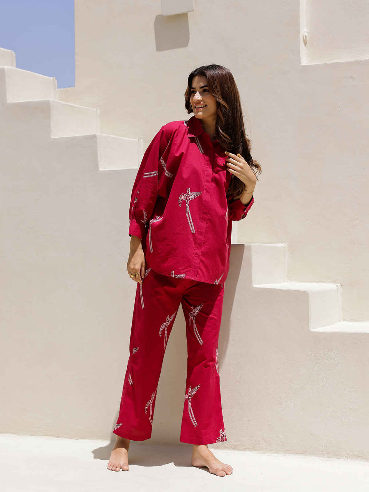 Sanskrutihomes Conversational Printed Pure Cotton Night Suit | Red - M