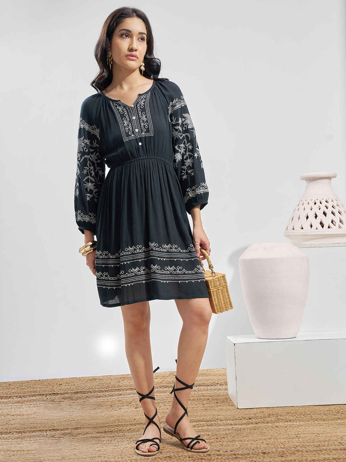 Vara By Vishudh Women's Viscose Gauze Embroiderd Round Neck Short Dress | Black - M