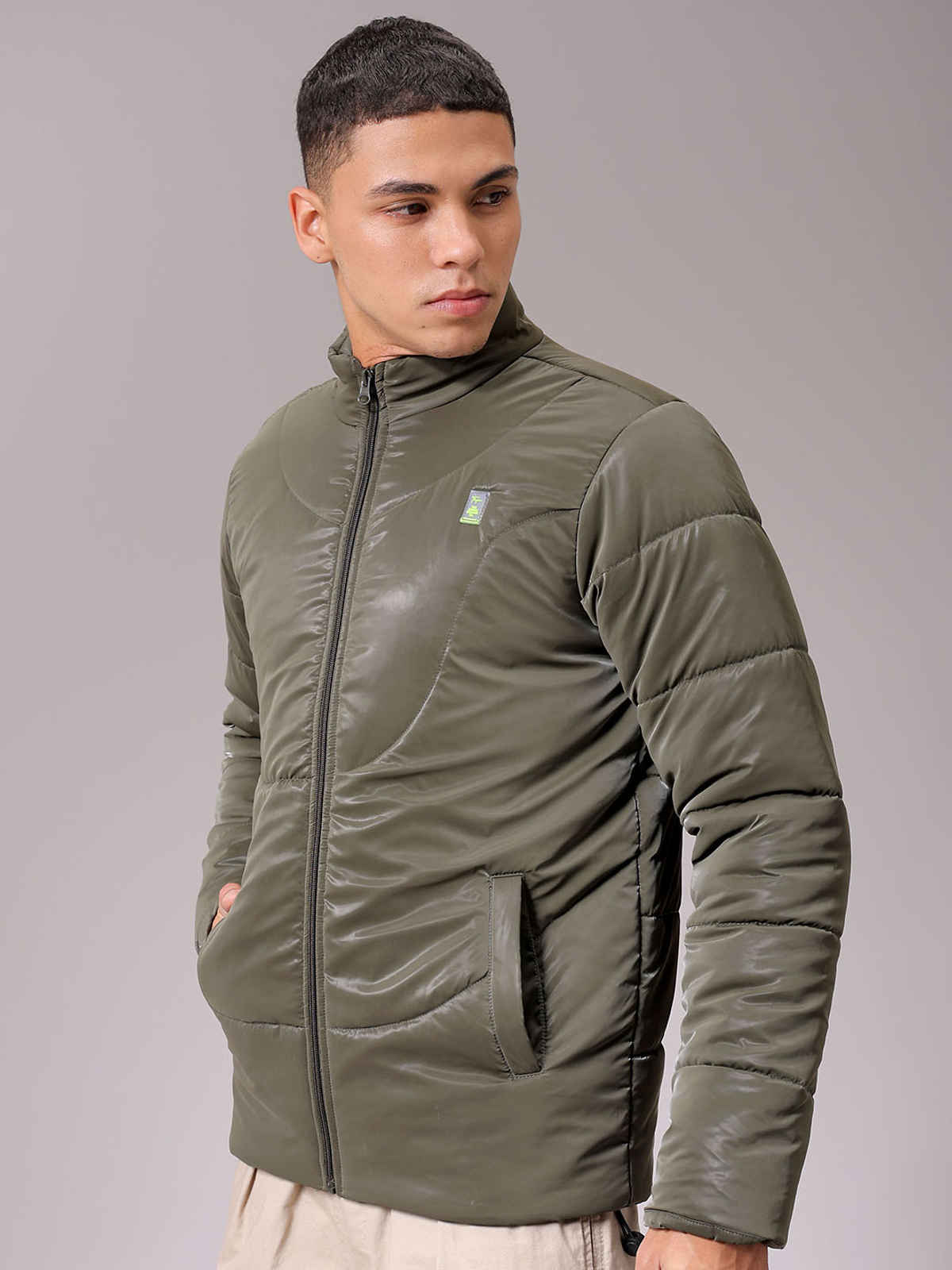 The Indian Garage Co Men's Slim Fit Solid Jacket | Olive - L
