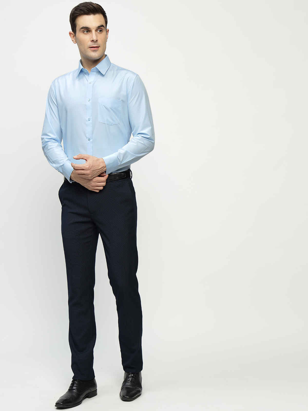 English Navy Men's Cotton Solid Slim Fit Spread Collar Button Closure Formal Shirt | Sky Blue | L