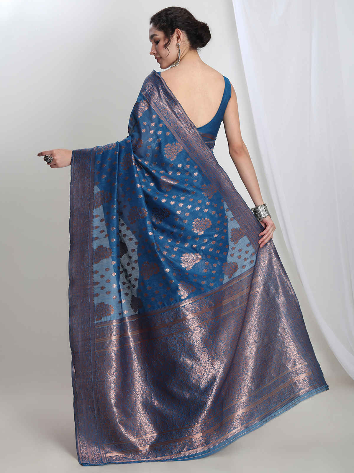 Janasya Women's Silk Blend Floral Design Jacquard Saree with Blouse Piece | SAR616 | Teal Blue