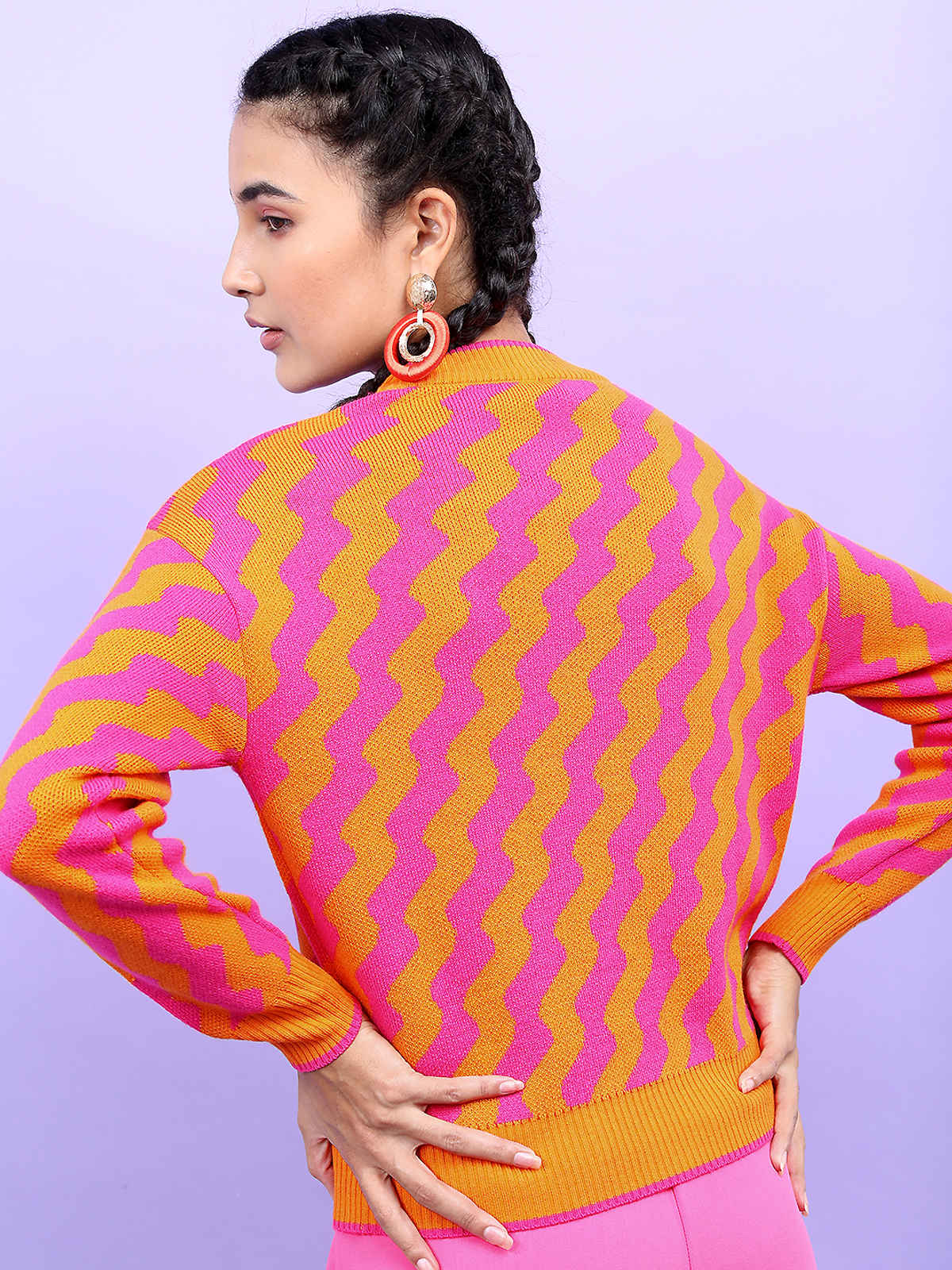 Tokyo Talkies Women's Jacquard Pullover Sweater | Orange & Pink - L