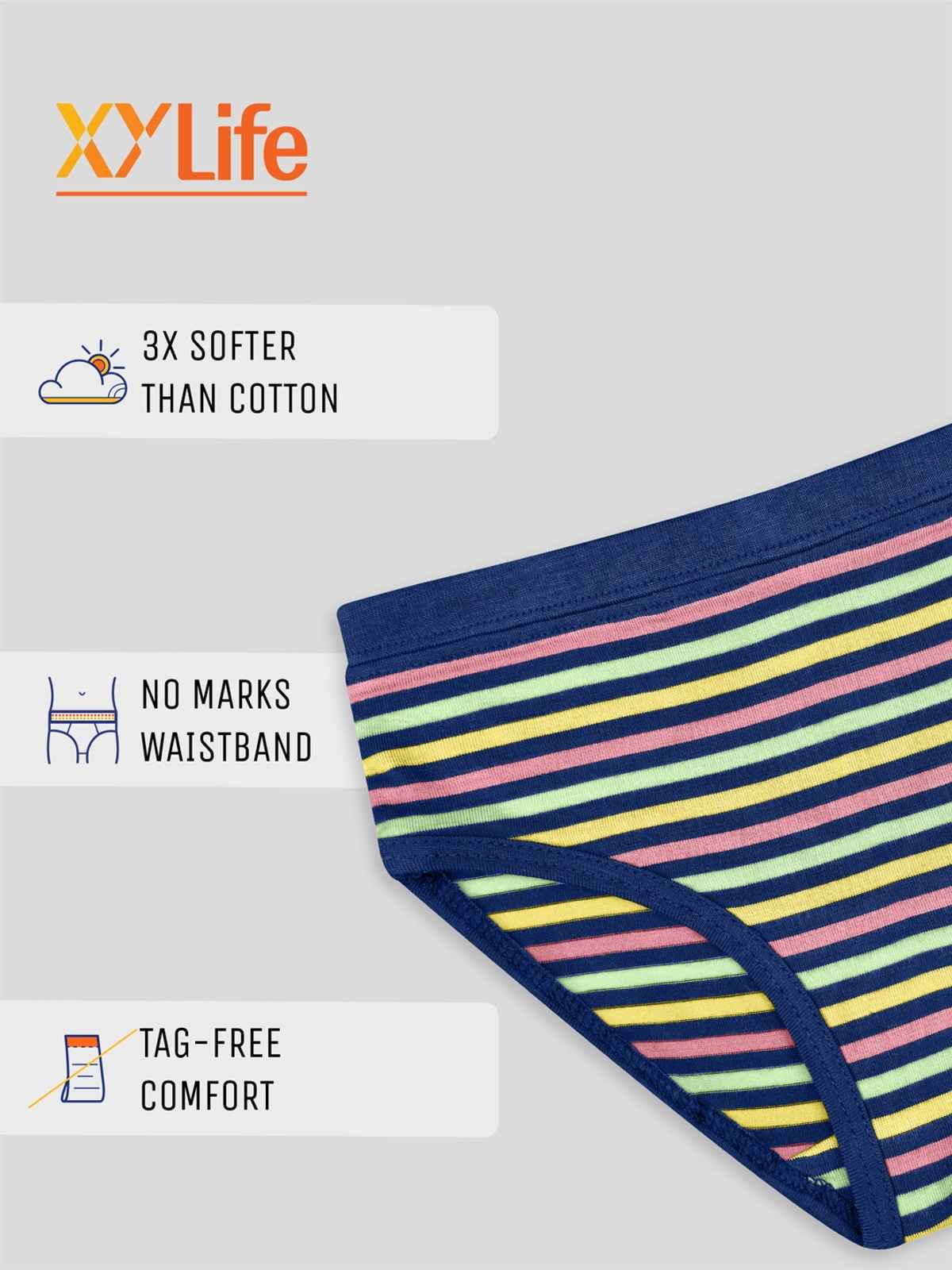 XY Life Hipsters for Girls, Tencel Modal, Antimicrobial - Multi Stripes | 9-10Y| Pack Of 3 Panty