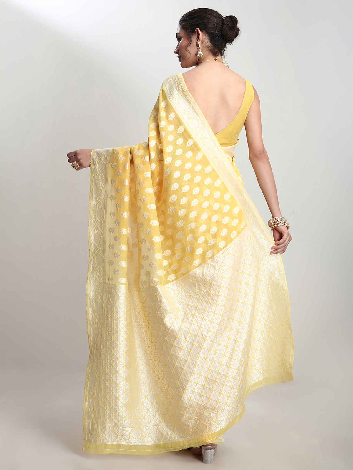 Janasya Women's Silk Blend Floral Woven Design Jacquard Saree with Blouse Piece | SAR632 | Yellow