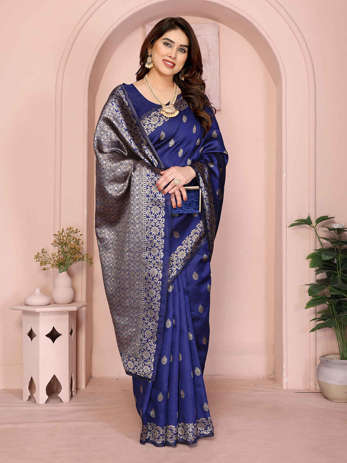 Hema Silk Mills Women Woven Banarasi Silk Blend Saree | Royal Blue