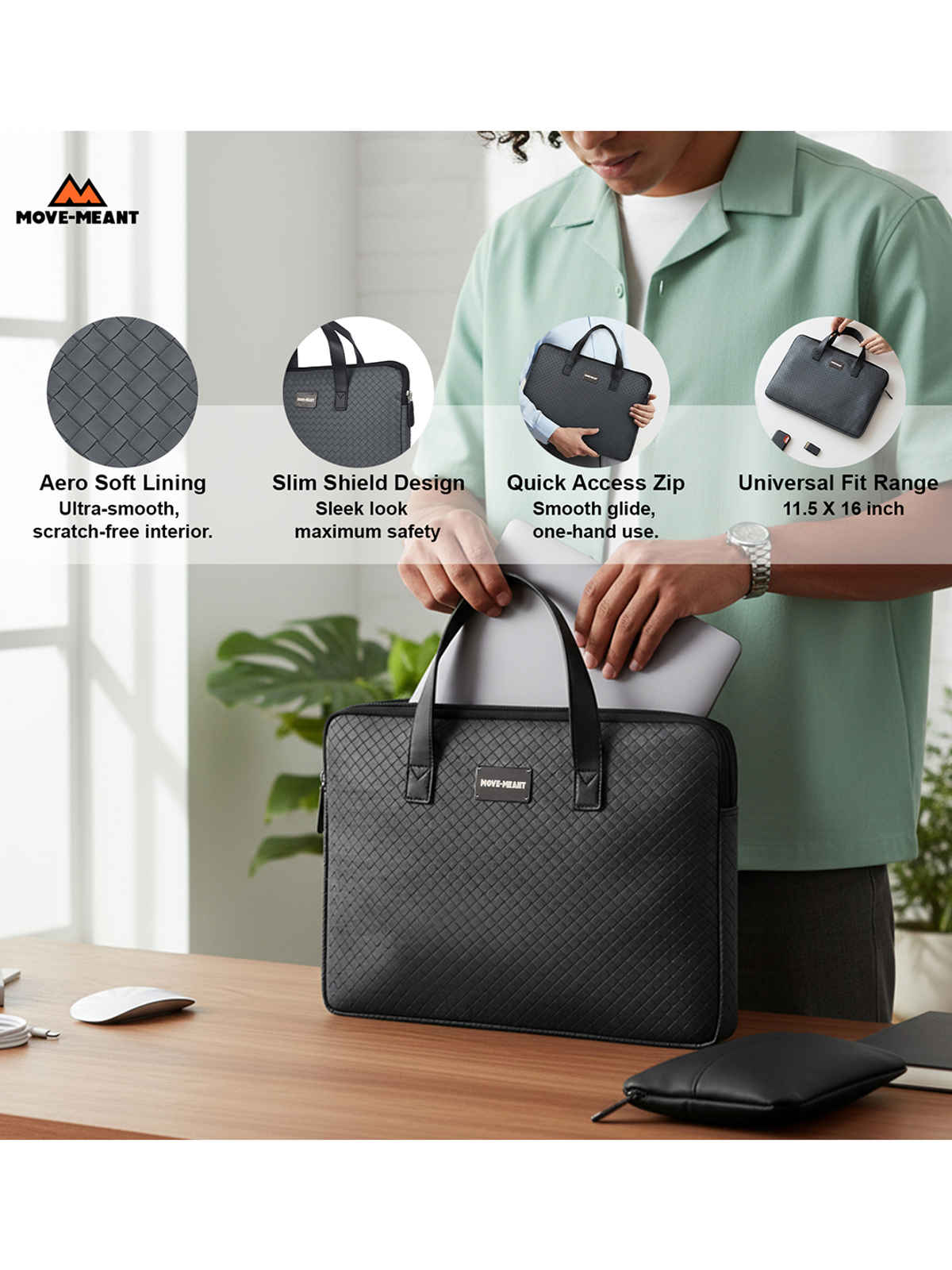 Move-Meant Laptop Sleeve | 11-14 inch | PU, Water-Resistant, Slim Case with Zipper | Grey