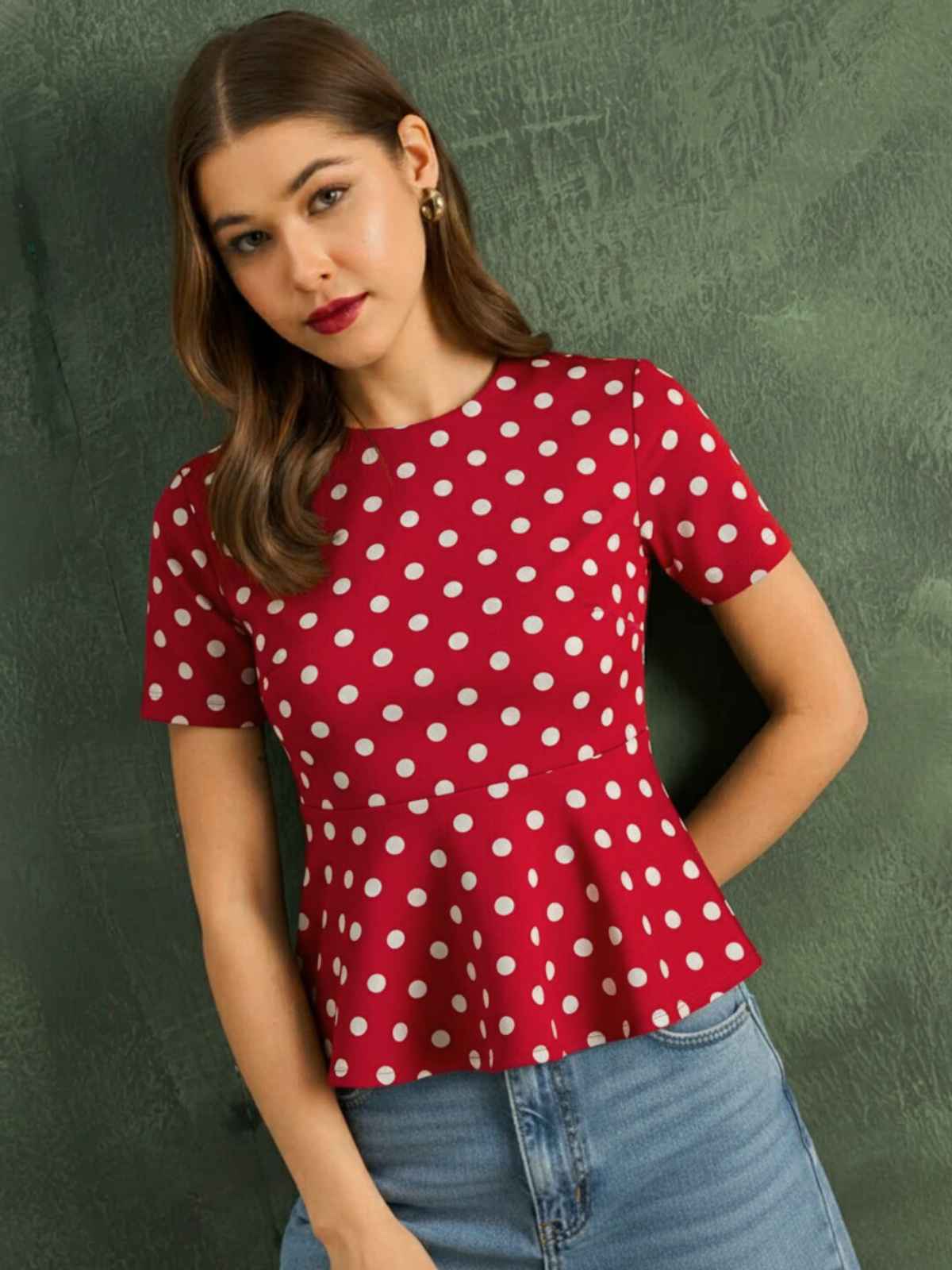 Uptownie Women's Stretchable Half Sleeve Peplum Top | Red | M