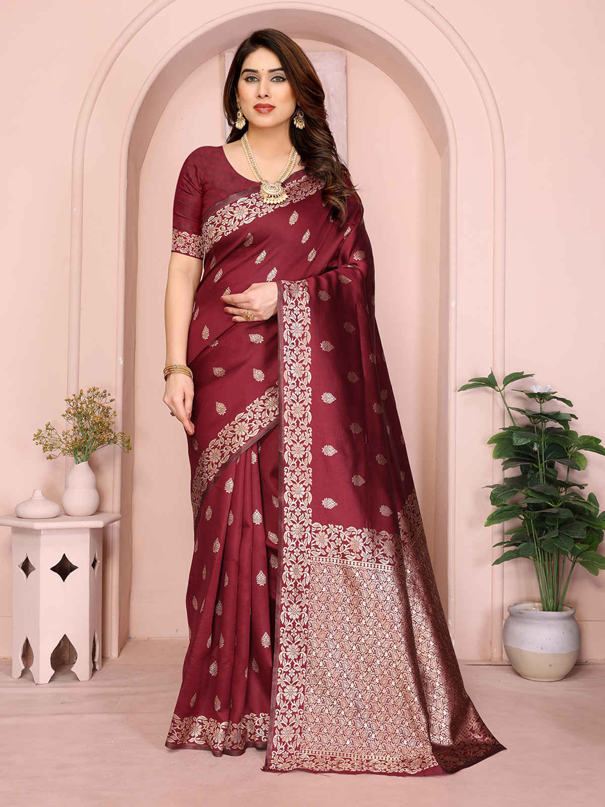Hema Silk Mills Women Woven Banarasi Silk Blend Saree | Maroon